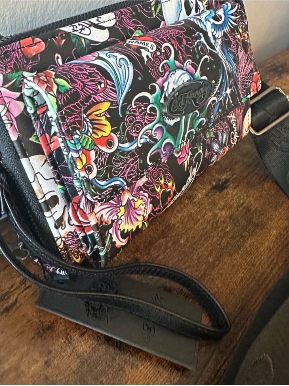 Ed Hardy Black Multicolor Tattoo-Print Crossbody Wristlet - Picture 3 of 5